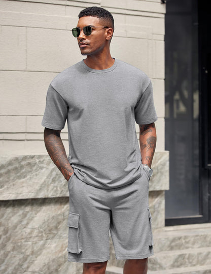 COOFANDY Men's Shirt and Shorts Set 2 Piece Fashion Summer Tracksuits Cotton Oversized T-Shirts Cargo Shorts Outfits