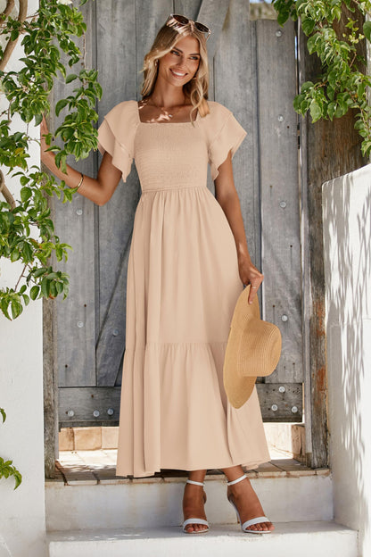 MASCOMODA Womens Summer Casual Midi Dress Square Neck Ruffle Short Sleeve Smocked High Waist A Line Wedding Guest Dresses