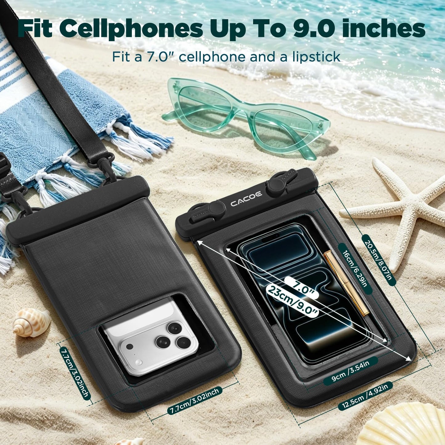 CACOE Floatable Waterproof Phone Pouch 2 Pack Up to 9.0", Black+Green | Floatable, IPX8 Waterproof Phone Case,Adjustable Lanyard,Dry Bags for Beach/Cruise/Travel/Camping/Kayak/Vacation Essentials