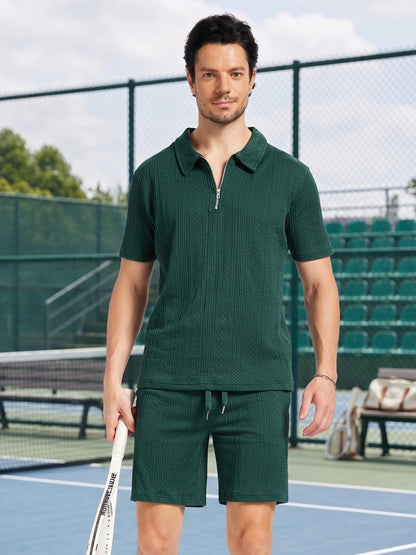 yuyangdpb Men's 2 Piece Summer Vacation Outfits Polo Shirt & Shorts Set | Breathable Textured Knit Fabric, Stretchy, Soft, Moisture-wicking, Lightweight, Ideal for Beach Casual Tracksuit, M-2XL