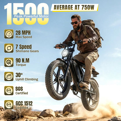 Electric Bike for Adults, Peak 1500W Motor Retro E Bike, Range 65/120Miles, 48V 15Ah Removable Battery, 20"x4" Fat Tires, Full Suspension, APP Control, Off-Road Ebike for City Commuting