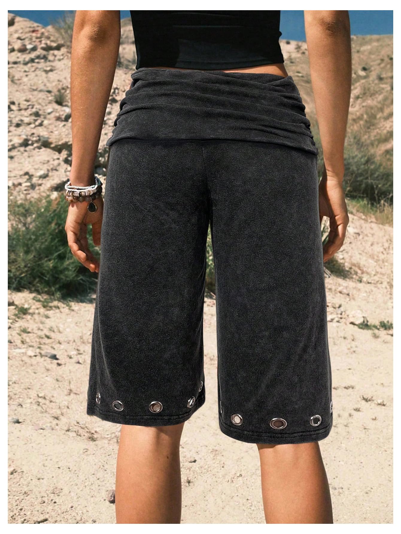 Verdusa Women's Fold Over Shorts Carpi Pants Washed Grommet Bermuda Shorts Gaucho Pants Going Out