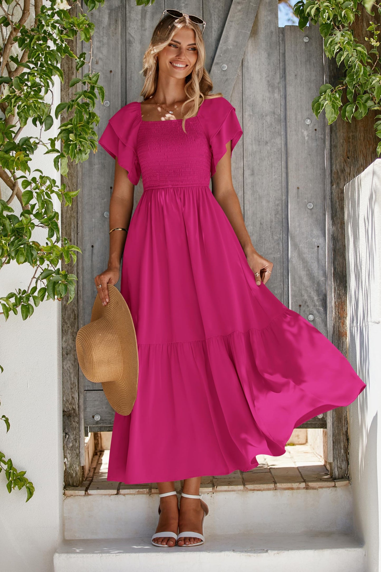 MASCOMODA Womens Summer Casual Midi Dress Square Neck Ruffle Short Sleeve Smocked High Waist A Line Wedding Guest Dresses