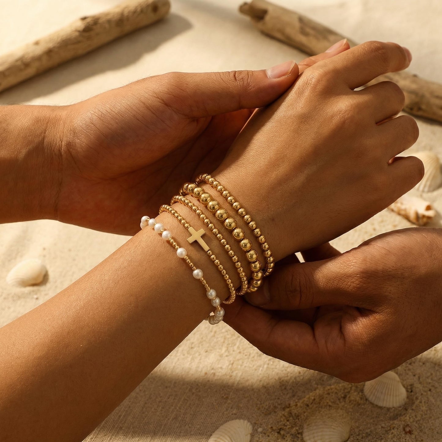 14K Gold Plated Pearl Beaded Cross Bracelets Stack Set for Women,Stretch Boho Colorful Christian Beads Ball Jewelry Friendship Summer Trendy Gift