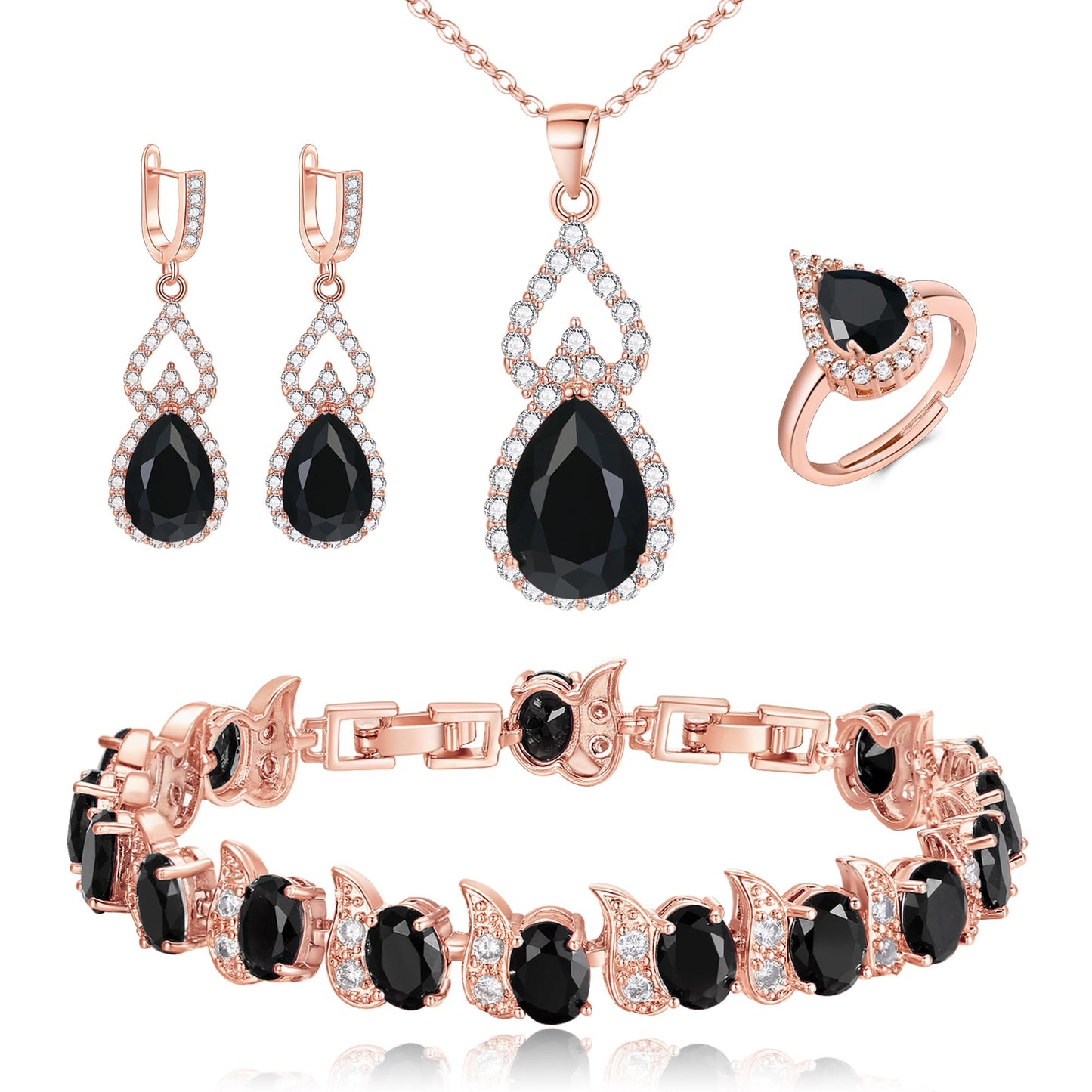 BriLove Wedding Jewelry Set for Women Bride Bridesmaid | Gorgeous Cubic Zirconia Teardrop Necklace Earrings Bracelet Adjustable Ring Jewelry Gift for Birthday/Anniversary