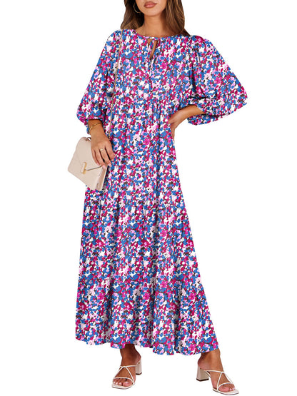 ANRABESS Womens Boho Floral 3/4 Puff Sleeve Maxi Dress | Tiered Flowy Loose Fit, Comfy Soft Rayon Fabric, Wedding Guest Church Beach, Modest Elegant, Spring Summer Fall Outfits
