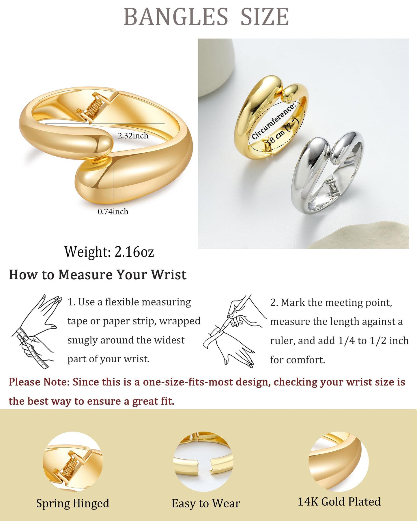 2pcs Gold Bangle Bracelets for Women, Trendy Hinged Cuff Open Wide Chunky Gold Bracelet Stack Arm Cuff Jewelry for Women