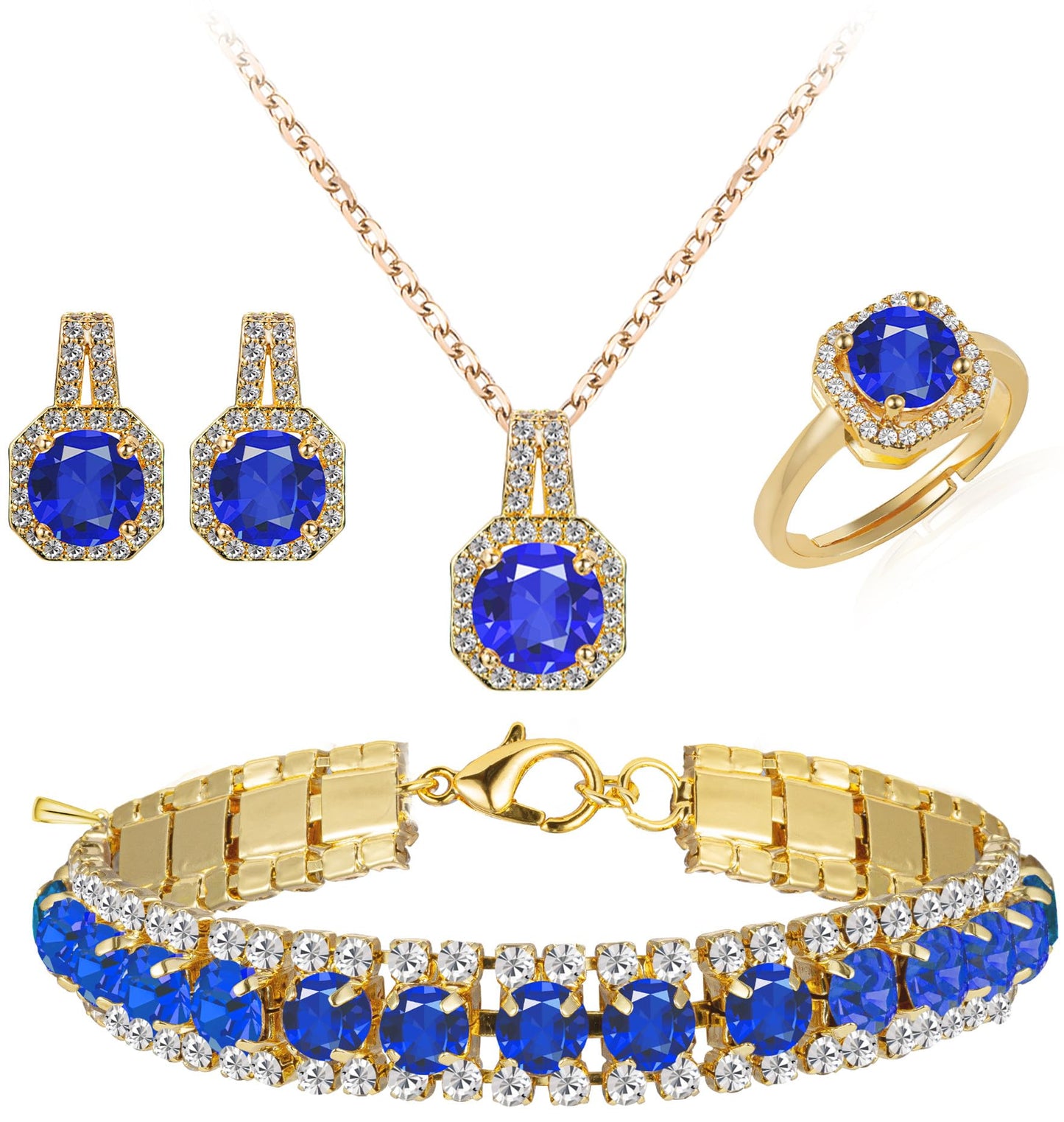 Paxuan 4pcs Cubic Zirconia Wedding Jewelry Sets for Bride Bridesmaid Cubic Zirconia Pendant Necklace Earrings Link Tennis Bracelet Open Ring Set for Women
