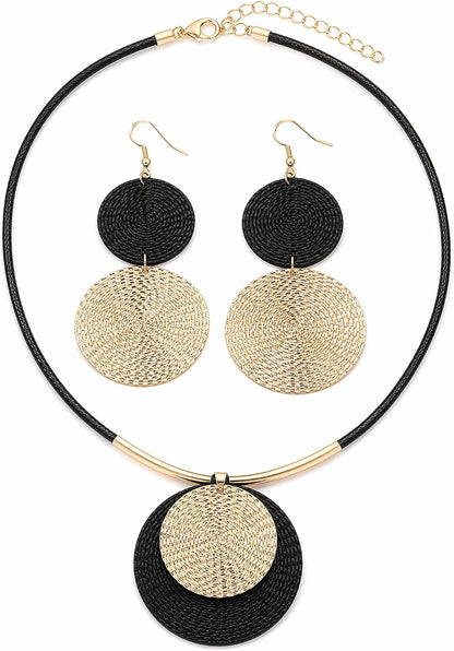 Gold Disc Pendant Necklace Earrings Set Leather Cord Black Circle Statement Necklaces Geometric Textured Medallion Jewelry For Women Party Fashion
