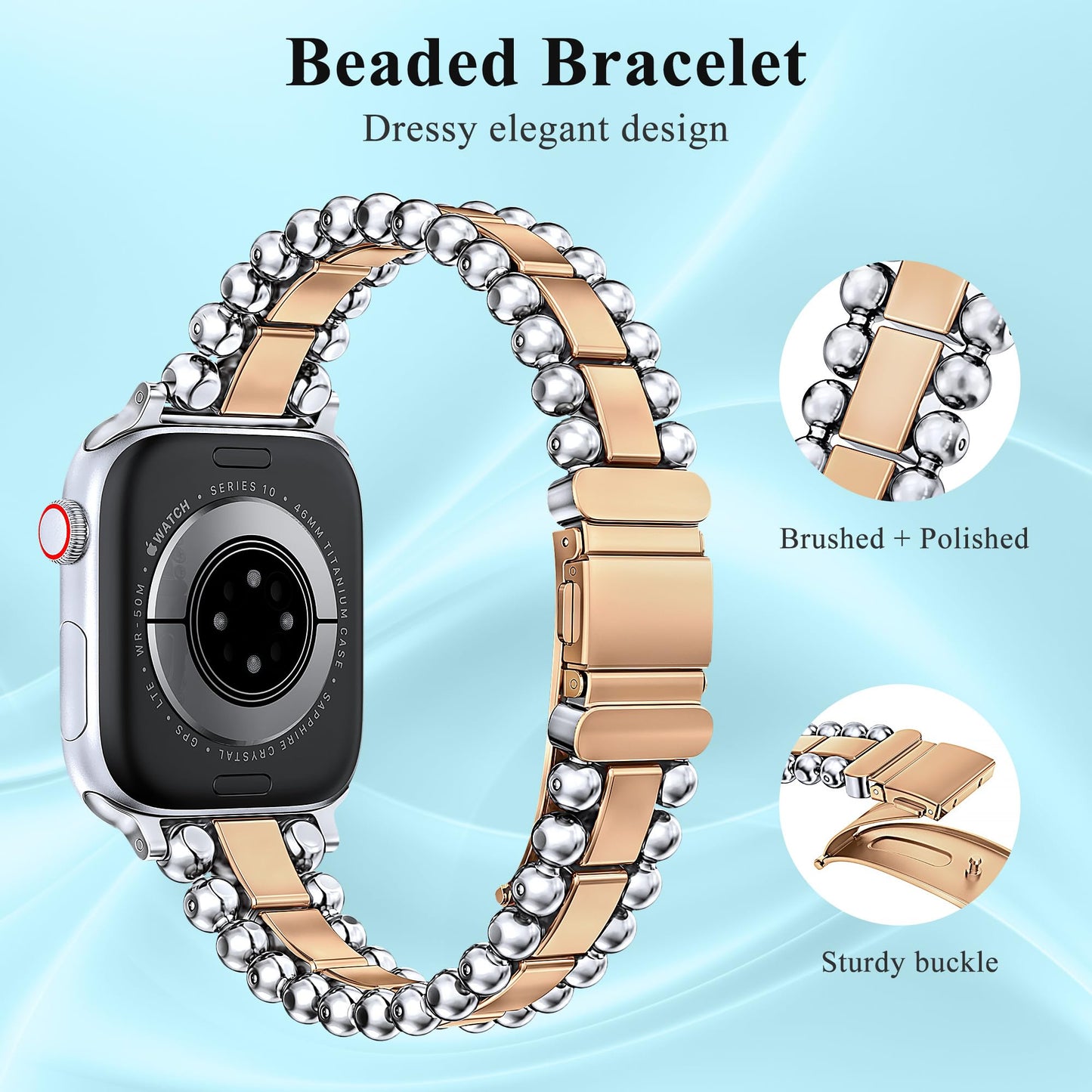 TOYOUTHS Beaded Bracelet Compatible with Apple Watch Bands 38/40/41/42/44/45/46/49mm Women, Dressy Fancy Stainless Steel Metal Elegant Jewelry Strap for iWatch Series 11 10 9 8 7 6 5 4 Ultra/SE 3 2 1