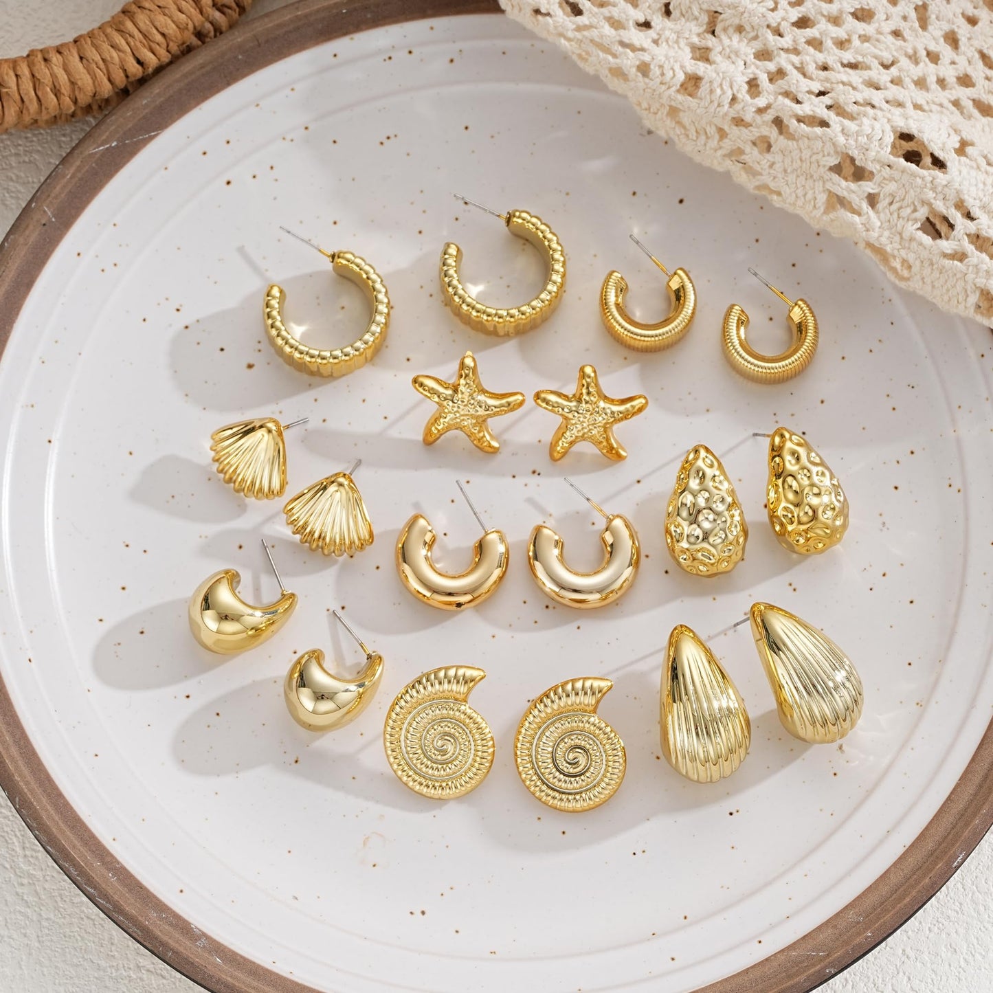 12 Pairs Chunky Gold Hoop Earrings for Women Trendy, Gold Plated Lightweight Hypoallergenic Stack, Thick Open Twisted Huggie Hoops Earring Set
