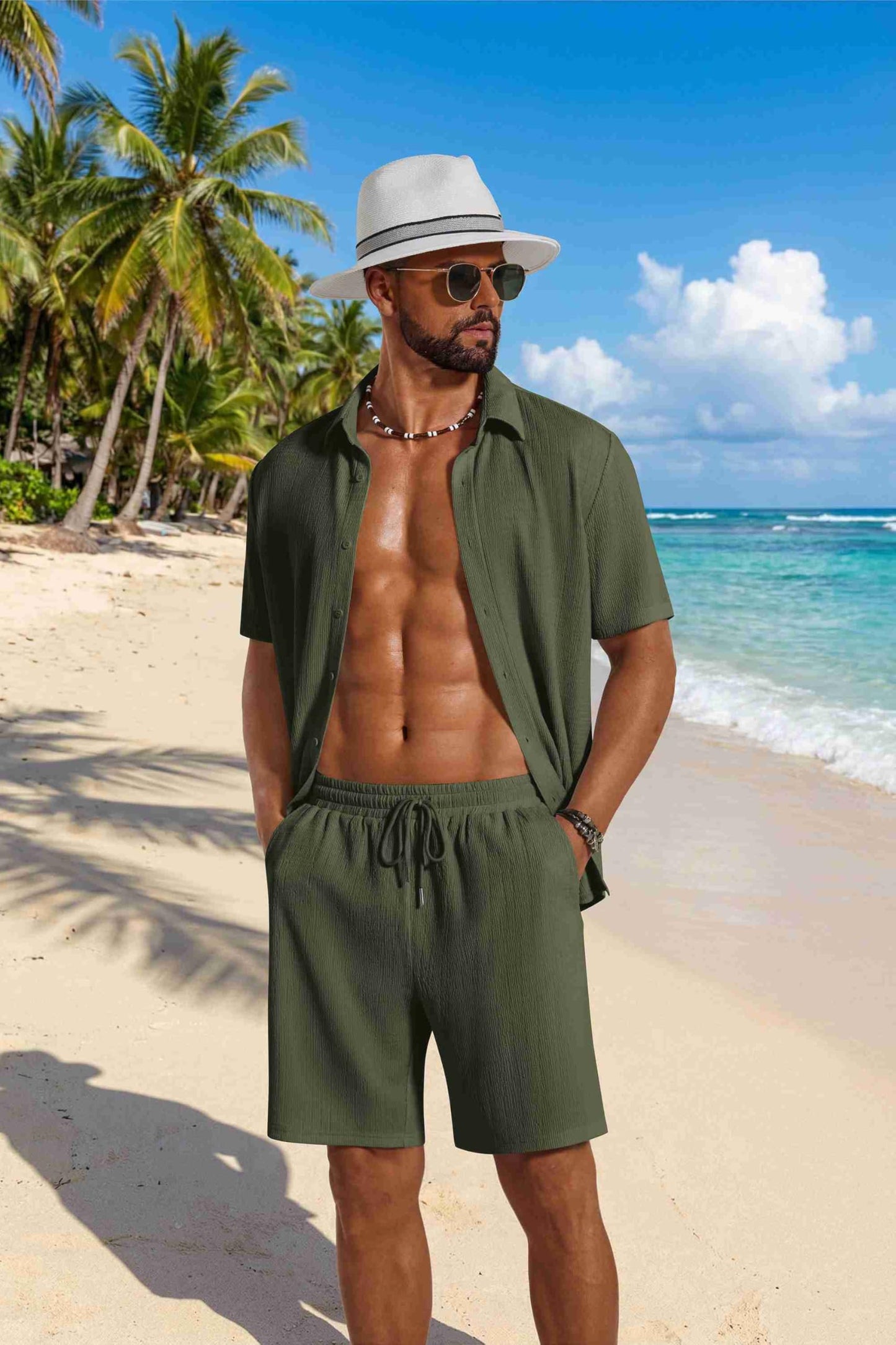 COOFANDY Men's 2 Piece Outfit Casual Short Sleeve Button Down Shirt and Beach Shorts Set Summer Vacation Outfits for Men
