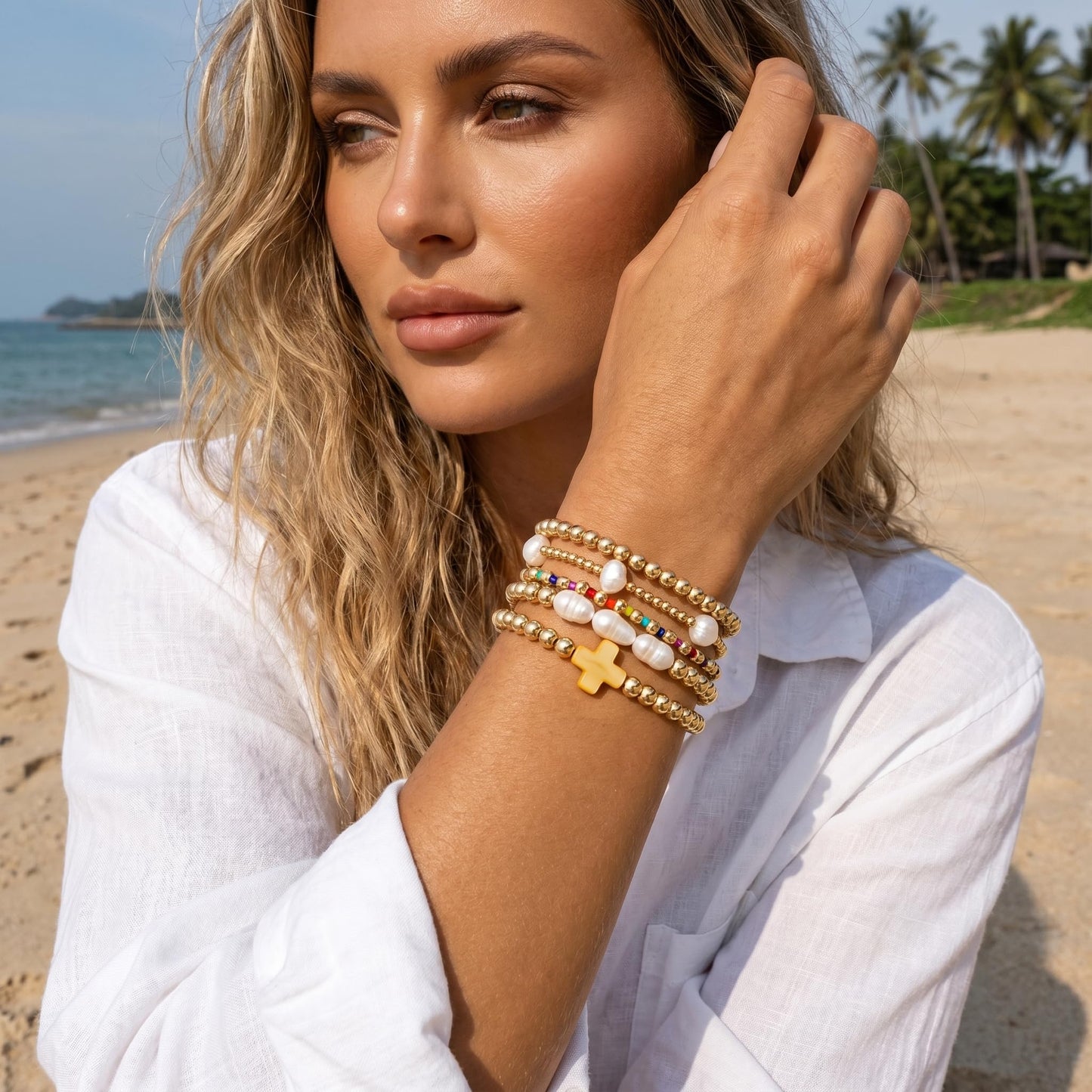 14K Gold Plated Pearl Beaded Cross Bracelets Stack Set for Women,Stretch Boho Colorful Christian Beads Ball Jewelry Friendship Summer Trendy Gift