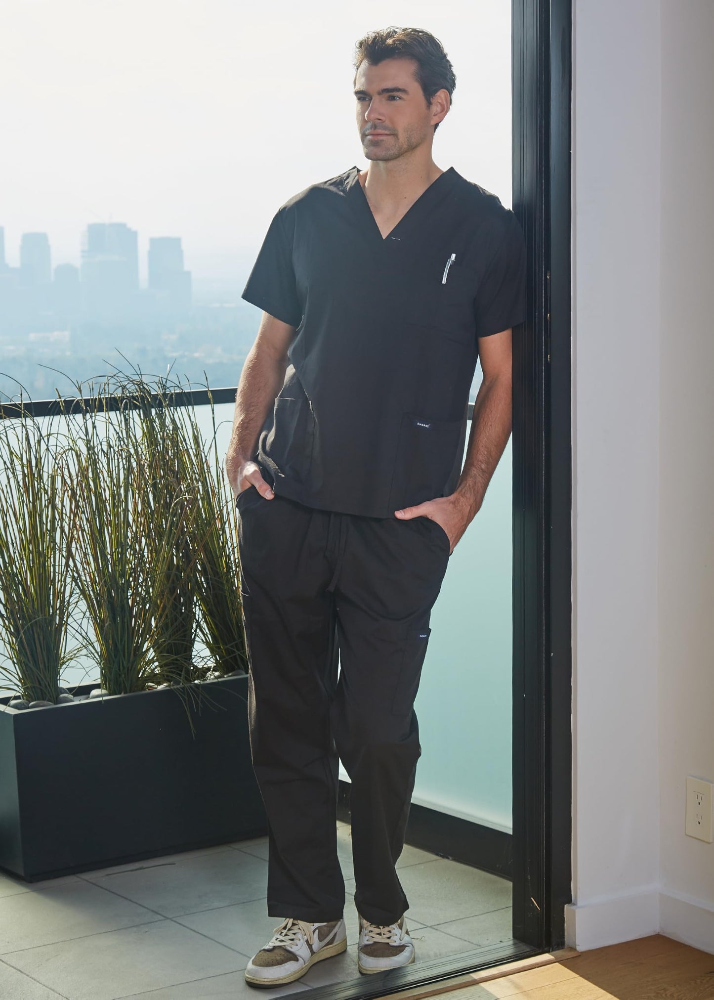 Dagacci Medical Uniform® Men's V-Neck Cargo Scrubs | Cotton Blend, Matching Top and Cargo Pants Set, 8 Pockets, Elastic Drawcord Waistband, for Men in Healthcare