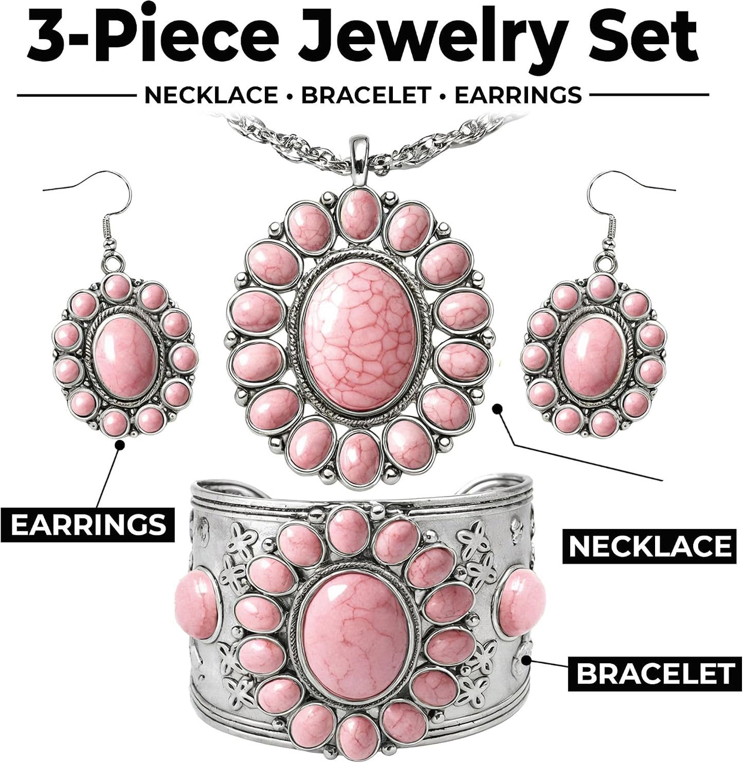 Shop LC Howlite Western Jewelry Set for Women Boho Cowgirl | 3-Piece Necklace Bracelet Earrings, Turquoise-Inspired, Chunky Statement, Southwestern