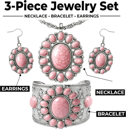 Shop LC Howlite Western Jewelry Set for Women Boho Cowgirl | 3-Piece Necklace Bracelet Earrings, Turquoise-Inspired, Chunky Statement, Southwestern