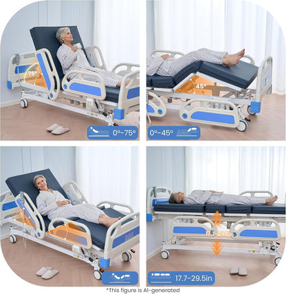 Careboda Premium 5 Function Full Electric Hospital Bed, Hospital Bed with PU Advanced Mattress, Quiet Wheels & IV Pole, ICU Electric Medical Bed with Core Motor, 85" x 41", 530lbs, Hospital & Home Use