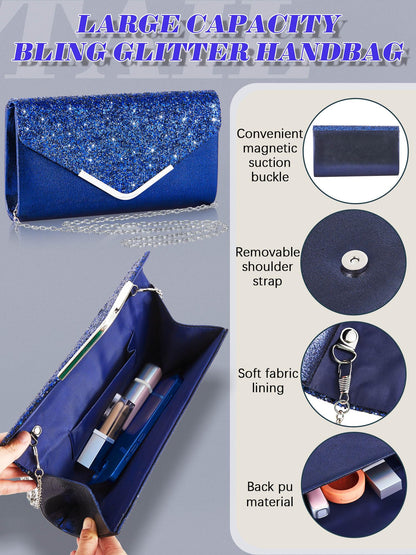 Henoyso 5 Pcs Purse Rhinestone Jewelry Set Prom Jewelry Rhinestone Clutch Purse Necklace Earrings Bracelets for Women Bride