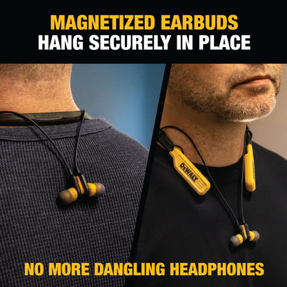 DEWALT Heavy Duty Magnetic Bluetooth Neckband Headphones, Wireless Around the Neck Earbuds w/30H Runtime+Noise Isolation, HandsFree Magnetic Wireless Earphones w/Mic Bluetooth Headsets - Black Edition