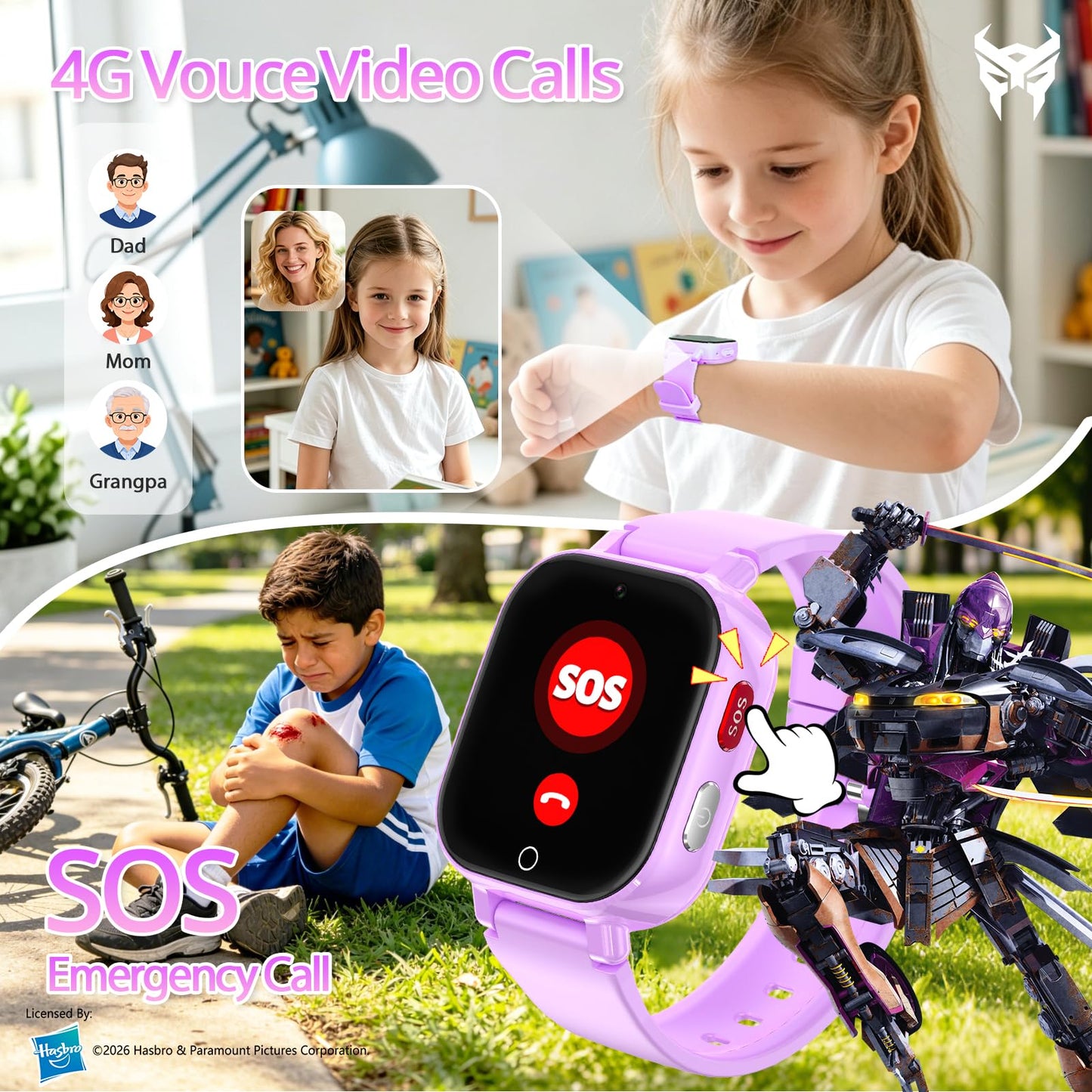 Transformers 4G Kids Smart Watch Phone, GPS, Video Call, Waterproof - Pink | Smartwatch for Boys Girls Ages 4-12, Class Mode, SOS, Camera, Alarm, Touch Screen, Gifts with Bonus Woven Strap & SIM Card