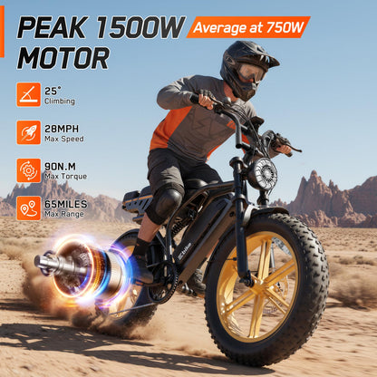 Electric Bike for Adults, Peak 1500W Motor Retro E Bike, Range 65/120Miles, 48V 15Ah Removable Battery, 20"x4" Fat Tires, Full Suspension, APP Control, Off-Road Ebike for City Commuting