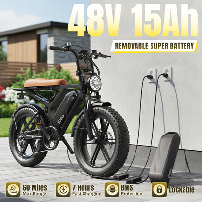 Electric Bike for Adults, Peak 1500W Motor Retro E Bike, Range 65/120Miles, 48V 15Ah Removable Battery, 20"x4" Fat Tires, Full Suspension, APP Control, Off-Road Ebike for City Commuting