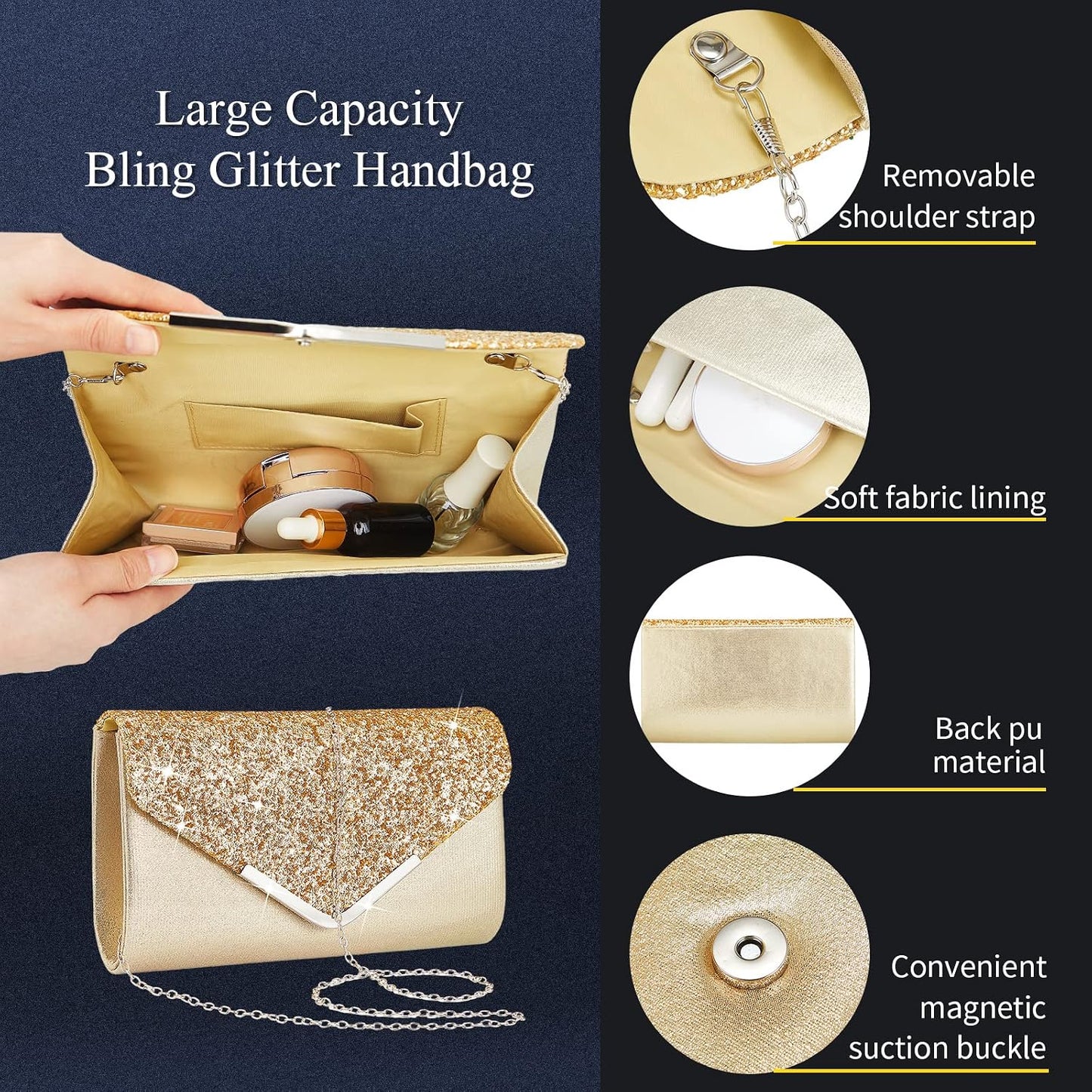 Henoyso 5 Pcs Purse Rhinestone Jewelry Set Prom Jewelry Rhinestone Clutch Purse Necklace Earrings Bracelets for Women Bride