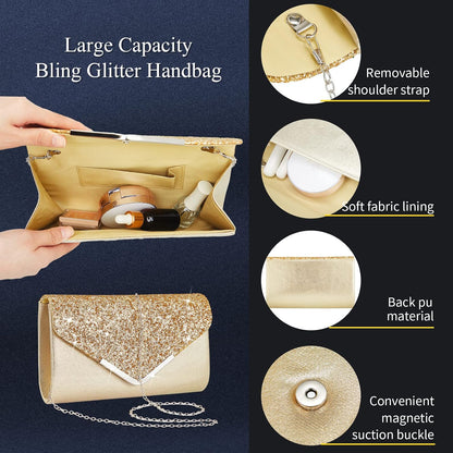 Henoyso 5 Pcs Purse Rhinestone Jewelry Set Prom Jewelry Rhinestone Clutch Purse Necklace Earrings Bracelets for Women Bride