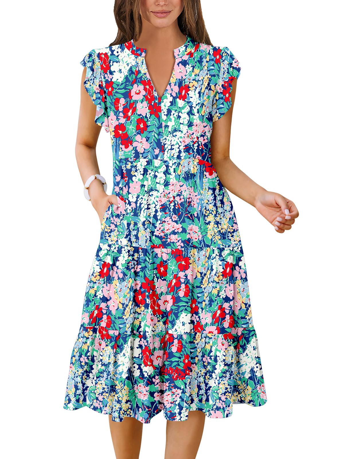 ANRABESS Womens Summer Dress Ruffle Sleeve V Neck Midi Dresses Fashion Casual Fit Flowy Tiered Boho Beach Vacation Sundress