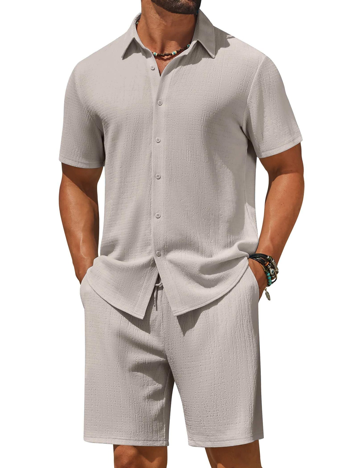 COOFANDY Men's 2 Piece Outfit Casual Short Sleeve Button Down Shirt and Beach Shorts Set Summer Vacation Outfits for Men