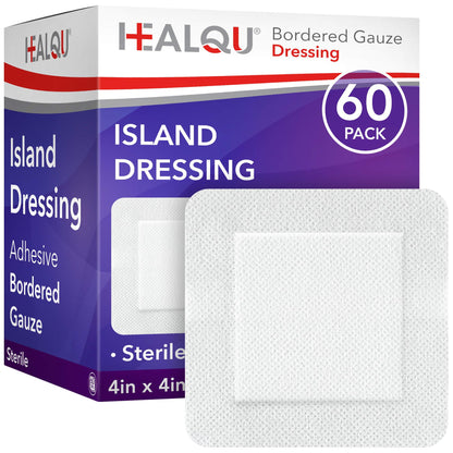 HEALQU Island Dressing - 4"x4", 30 Count - Bordered Gauze Sterile Individually Wrapped Gauze Pads, Water-Resistant, Non-Woven Backing - Soft and Breathable Wound Dressing for First Aid and Medical | Water-Resistant, Latex-Free, High Absorbent, Adhesive Bo