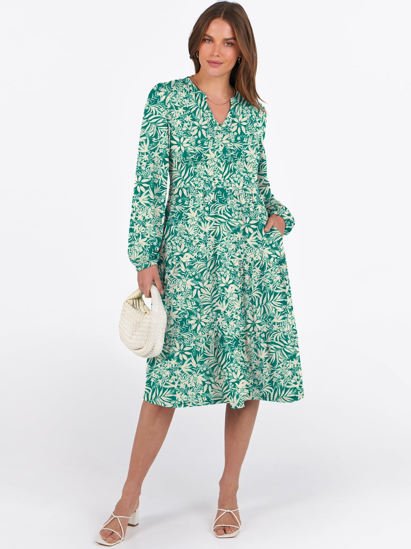 ANRABESS Womens V Neck Long Sleeve Midi Dress | Swing Flowy Tiered with Pockets, Soft Fabric, Boho Beach Vacation Dresses, Loose Fit Casual, Fall Winter Transition Clothes