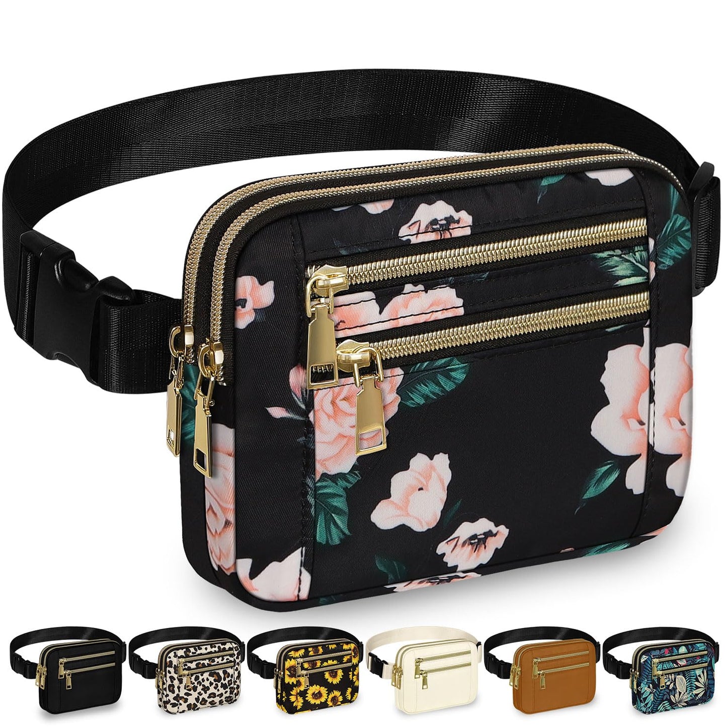 Capolo Fanny Packs for Women Fashion Waist Packs Bag with Adjustable Strap and 4 Zipper Pockets Waterproof Everywhere Crossbody Belt Bag for Workout Running Travelling(Black)