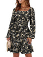 ANRABESS Womens Dress Long Lantern Sleeve Square Neck Elastic Waist Ruffle Flowy Swing A-Line Short Dresses 2026 Fall Fashion