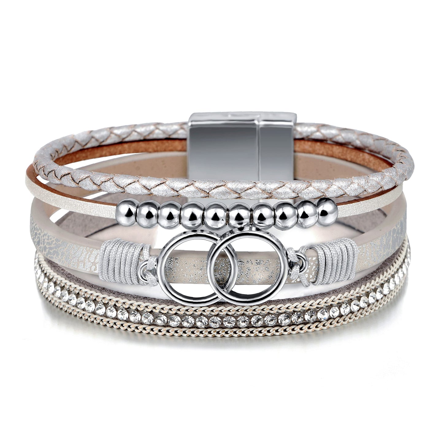 Fesciory Leopard Bracelet for Women, Boho Leather Wrap Multi-Layer Pearl Crystal Bracelet Bangle Jewelry