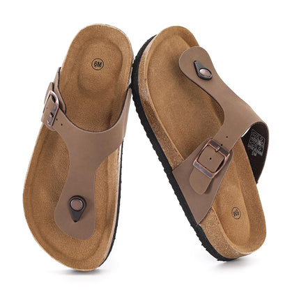 Cork Footbed Flip Flops for Women, Comfortable Beach Sigle Buckle Slip-On with Genuine Suede Footbed & Memory Foam Arch Support Flats Slides for Women Footwear