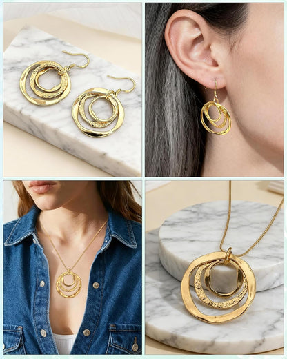 Hypoallergenic Silver Circle & Dangle Earrings and Necklace Set for Women Geometric Boho Style Hoop Jewelry for Women-Lightweight & Dangling-Gift for Bohemian Fashionistas