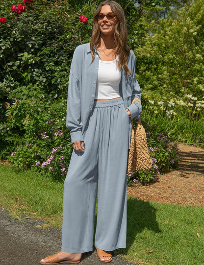 TARSE Womens Linen 2 Piece Outfits Casual Lounge Sets | Long Sleeve, Button Down Shirt and Wide Leg Pants, loose fit linen, vacation outfits with Pockets