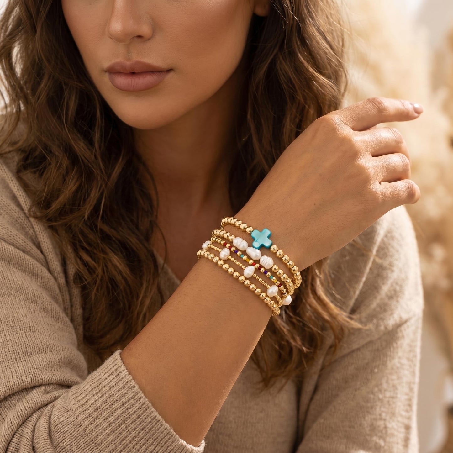 14K Gold Plated Pearl Beaded Cross Bracelets Stack Set for Women,Stretch Boho Colorful Christian Beads Ball Jewelry Friendship Summer Trendy Gift