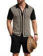 COOFANDY Men's 2 Piece Outfit Vintage Short Sleeve Button Down Knit Polo Shirts Casual Beach Shorts Sets