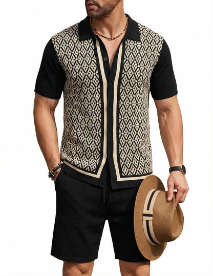 COOFANDY Men's 2 Piece Outfit Vintage Short Sleeve Button Down Knit Polo Shirts Casual Beach Shorts Sets