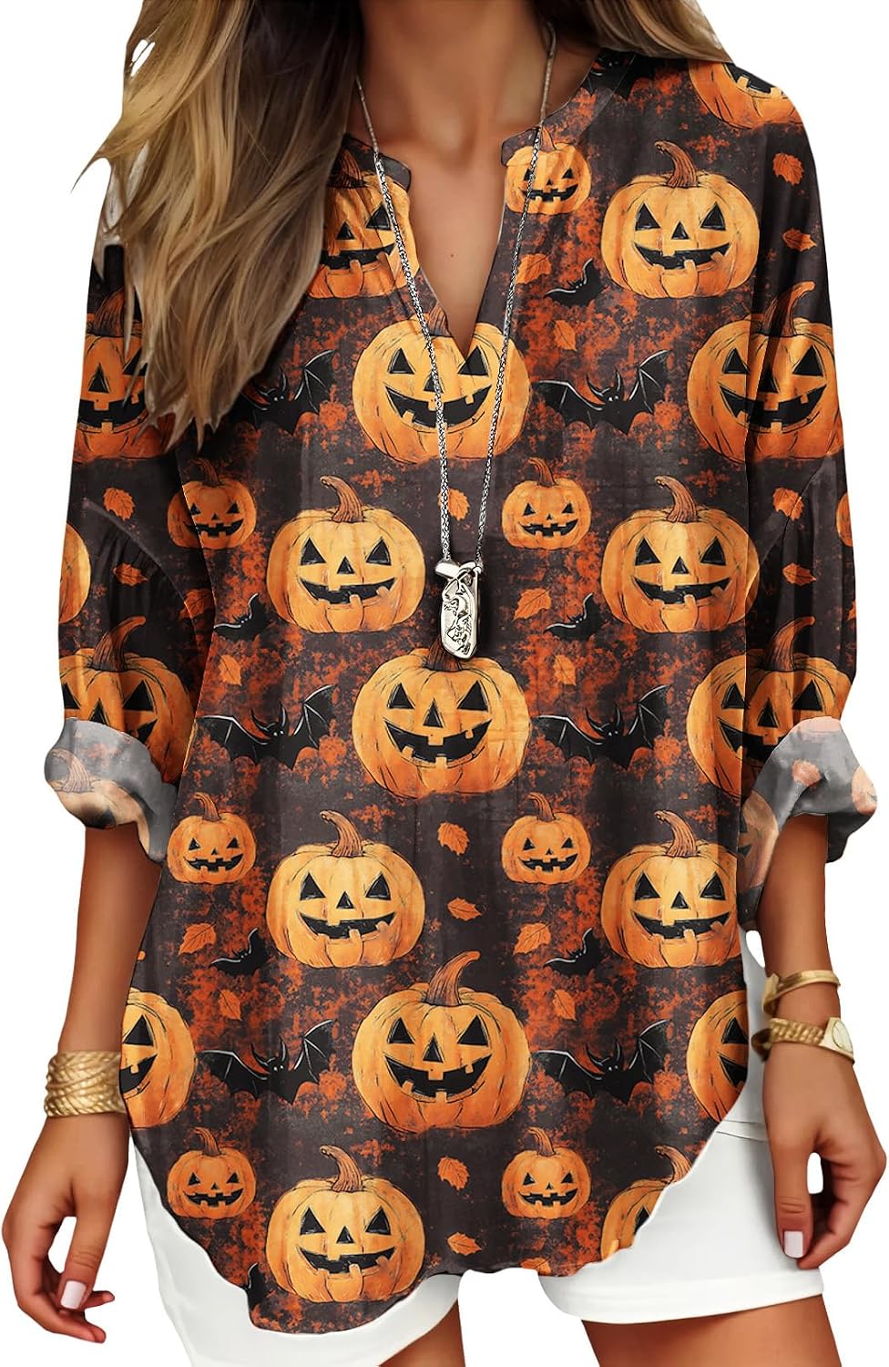 Womens Bohemian Print Tunic Top Cotton Blend V Neck Long Sleeve Loose Fit Casual Blouse for Summer Beach Vacation