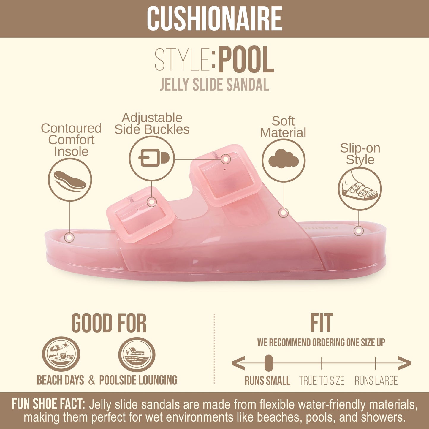 CUSHIONAIRE Pool Slides for Women Water Resistant Double Buckle Adjustable Slip-On Womens Sandals for Beach Shower Casual Wear