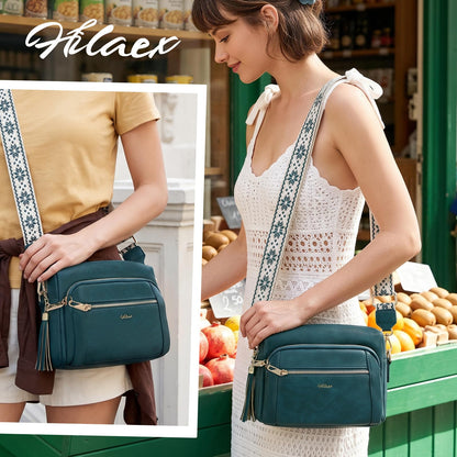 Small Leather Crossbody Bags for Women Anti theft Purses and Handbag Shoulder Hangbag with Wide Strap Tassel