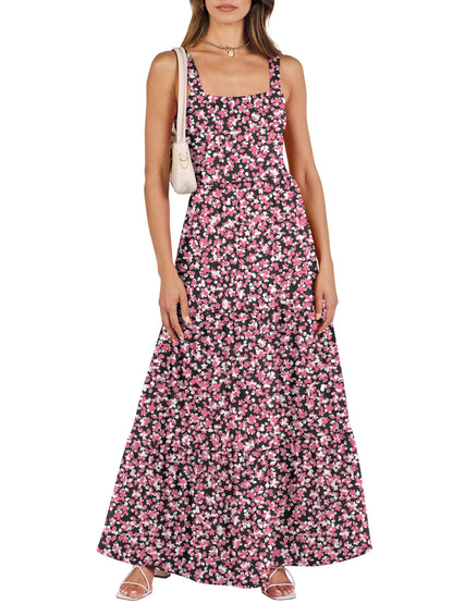 ANRABESS Women's Summer Casual Long Maxi Beach Vacation Dresses Sleeveless Square Neck Flowy Tiered Sun Dress with Pockets