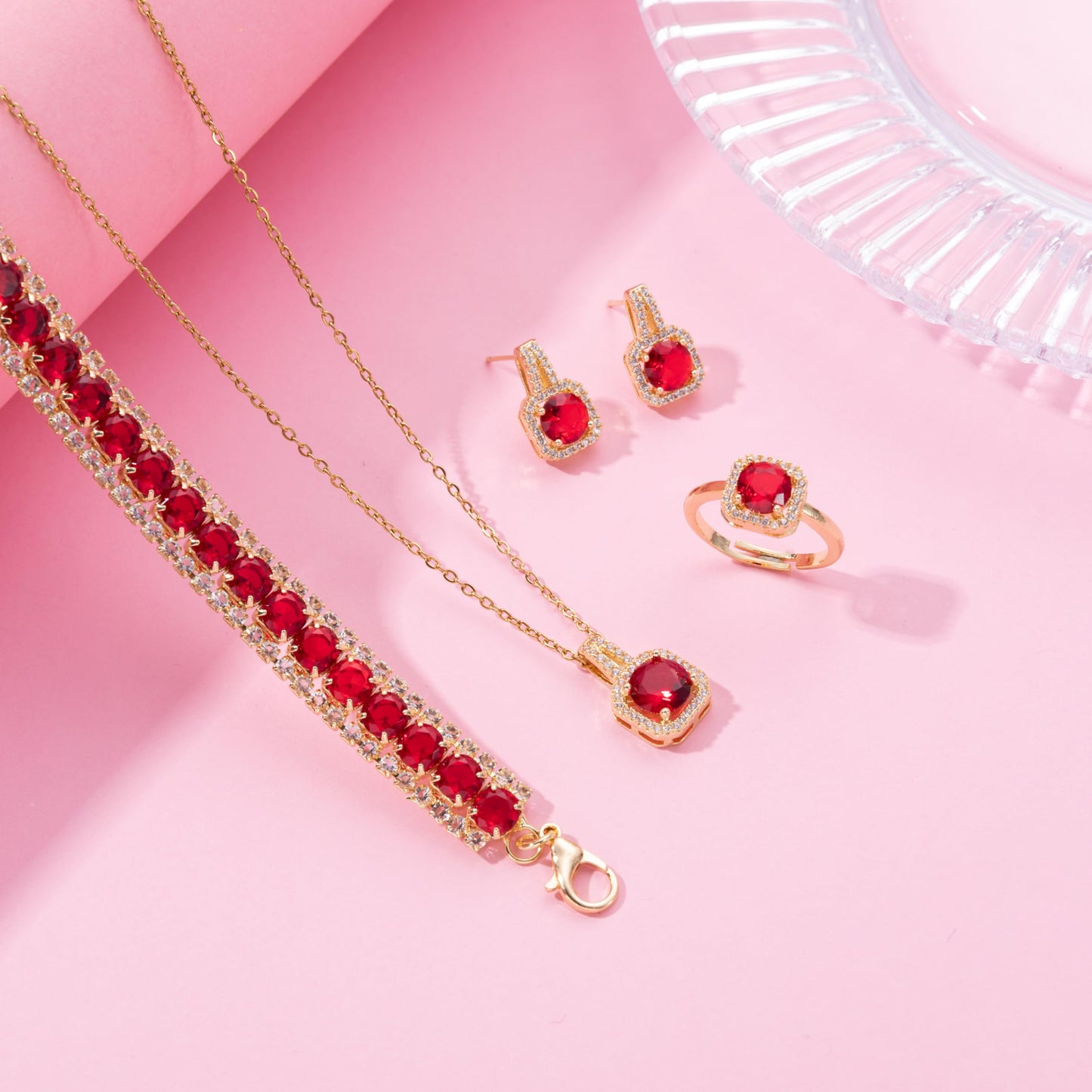 Paxuan 4pcs Cubic Zirconia Wedding Jewelry Sets for Bride Bridesmaid Cubic Zirconia Pendant Necklace Earrings Link Tennis Bracelet Open Ring Set for Women