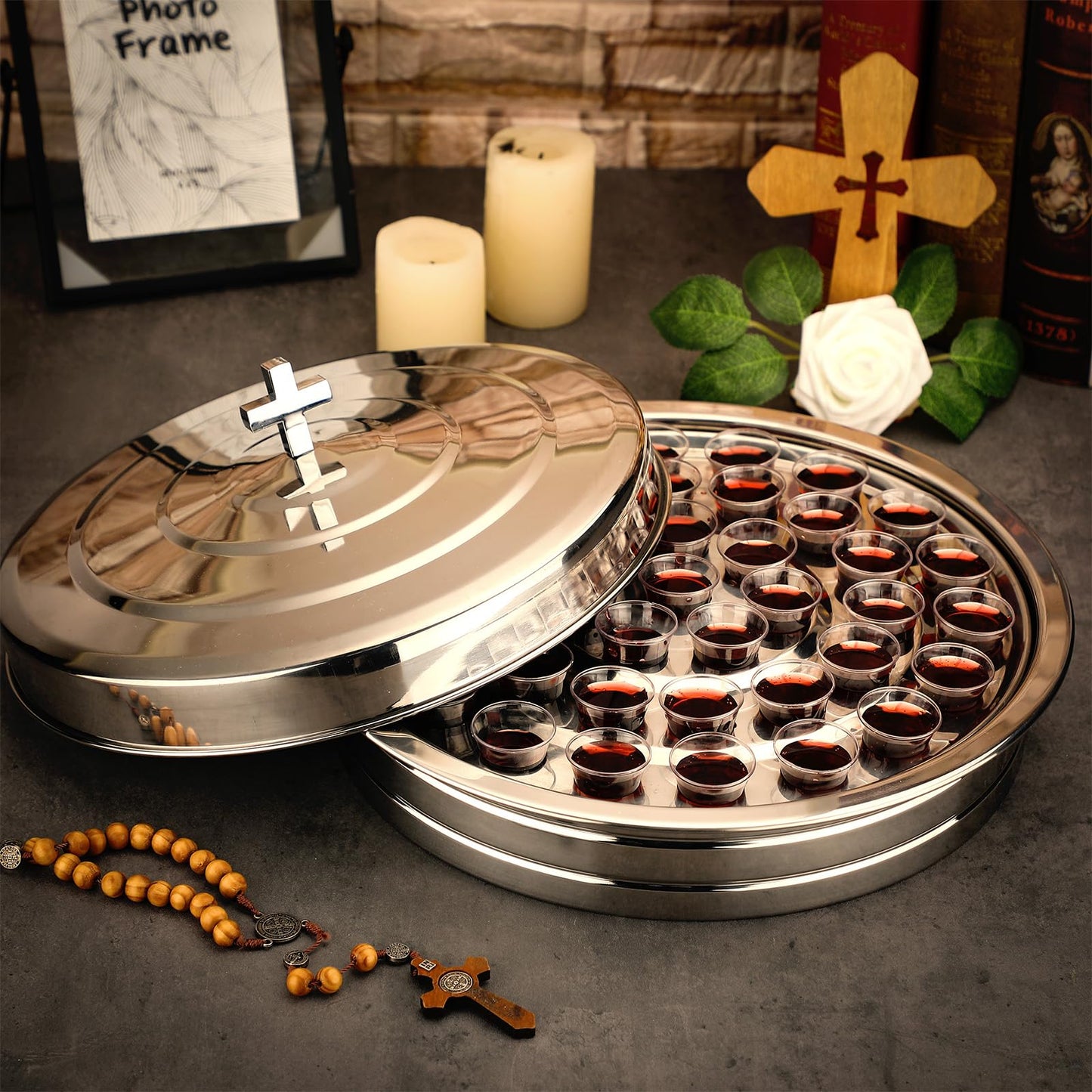 Jingmore Communion 2 Trays with Lid Christmas Holy Wine Serving Trays House up 80 Cups Stacking Stainless Steel Churches Ware Wine Bread Christmas Party Supplies (Gold)