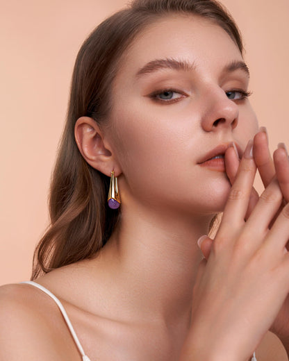 SNGIA Long Oval Chunky Dangle 18K Gold Plated Hoops with Colored Resin Gemstone Statement Earrings for Women, (Green, Brown, Light blue, Dark Blue), Bold Drop Handmade Exaggerated Irregular Trendy Bohemian Jewelry Gifts, Unique Dangling Teardrop Baroque S