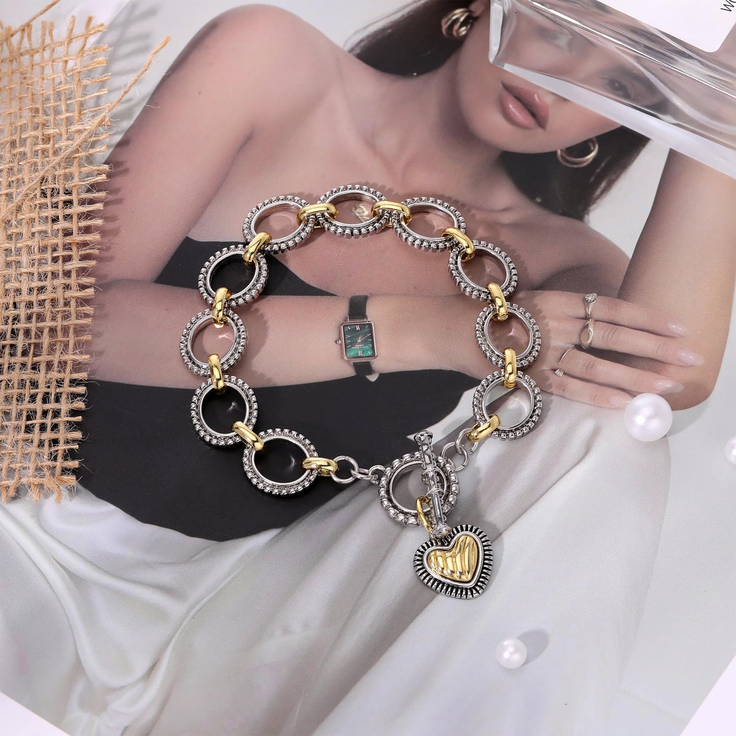Mytys Chunky Chain Link Bracelet Two-Tone Mixed Metal Textured Toggle Clasp Statement Bangle Bracelet Jewelry for Women Fashion