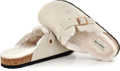 Erica Women's Cork Footbed Clogs Genuine Soft Suede Fuzzy Faux Fur Lined Comfort Cushioned Mule Slide Shoes